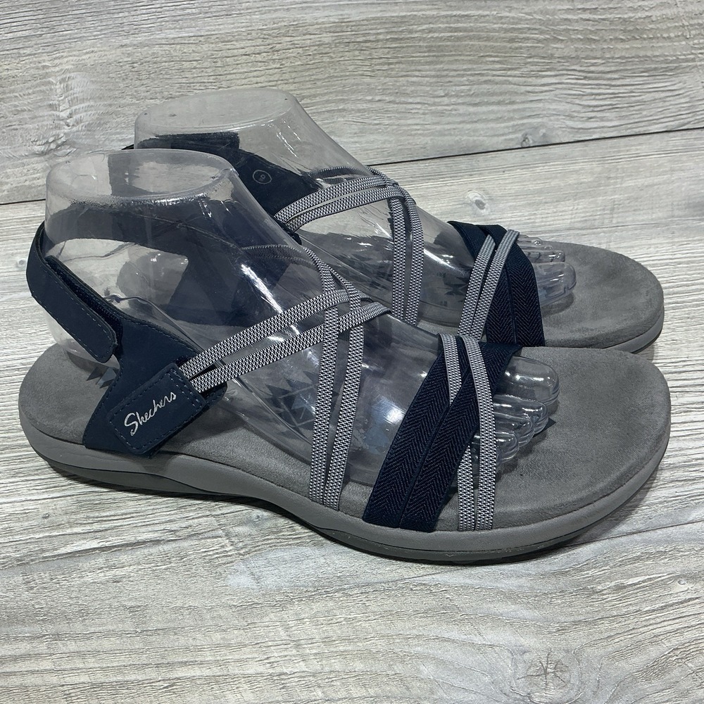 Skechers Womens Reggae Slim Takes Two Navy/Gray Slip on Stretch Sandals Size 9